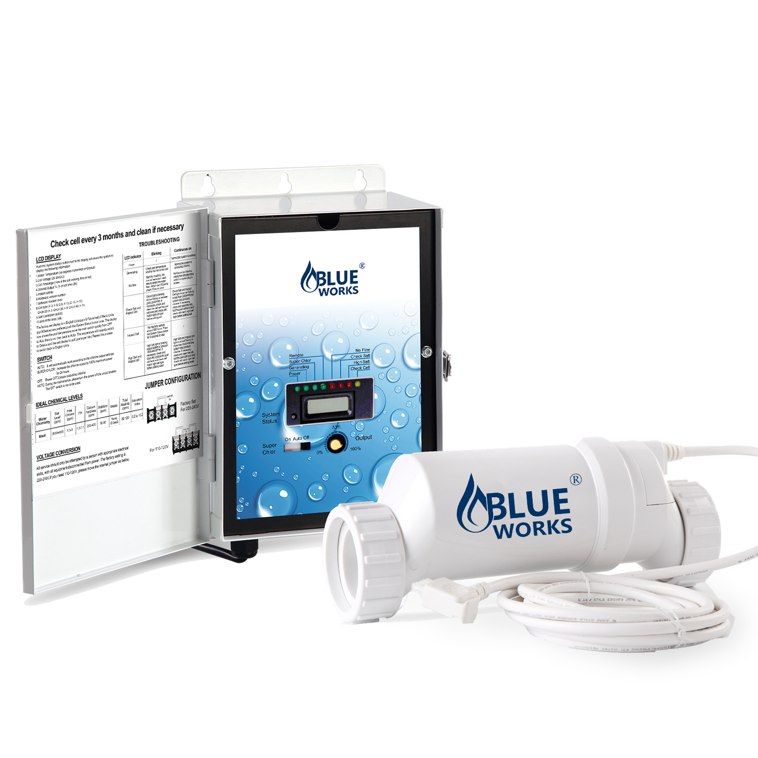 BLUE WORKS BLH20 Saltwater Generator Chlorinator for 15K Gallon Pool | 2-Year Full USA Warranty